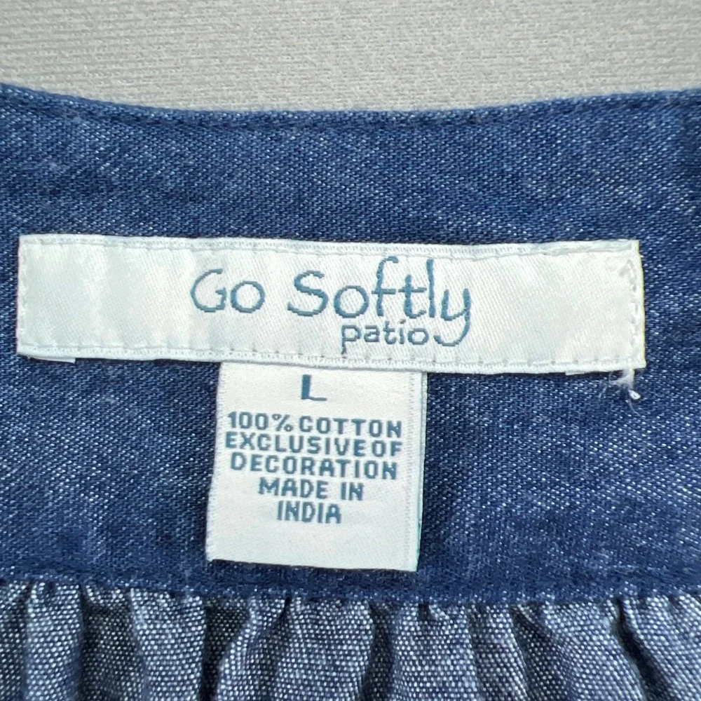 Go Softly Patio Tunic Dress Womens Large Blue Denim Cotton Pleated Split V Neck